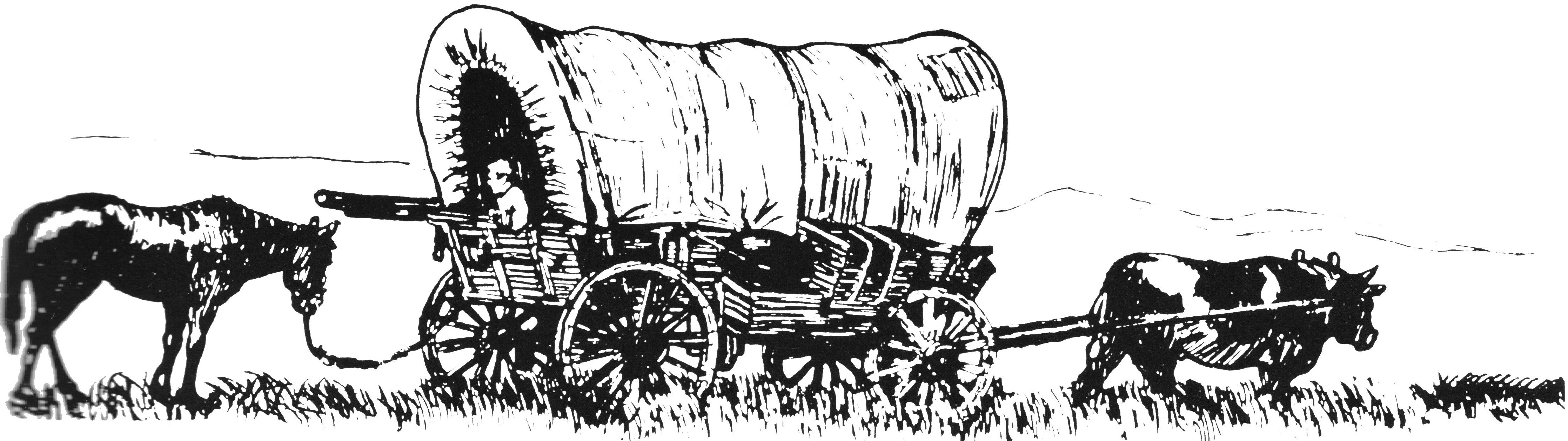 Illustration of a covered wagon pulled by an ox, with a horse tied to the back