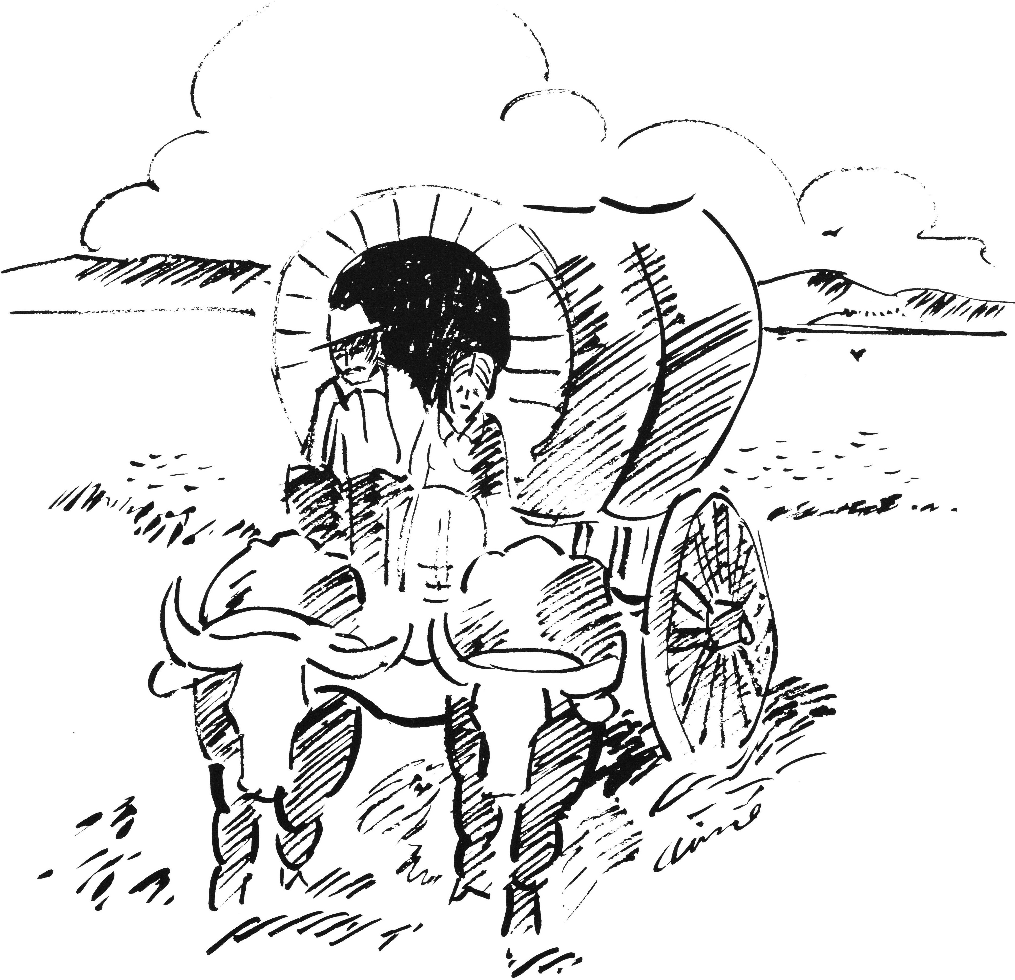 Line drawing of a covered wagon pulled by two oxen, with two people sitting at the front.
